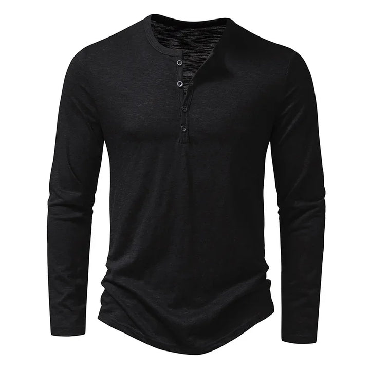 Ropa masculina: camiseta casual de manga larga para hombre, escote con botones. Confortable y fácil de combinar.