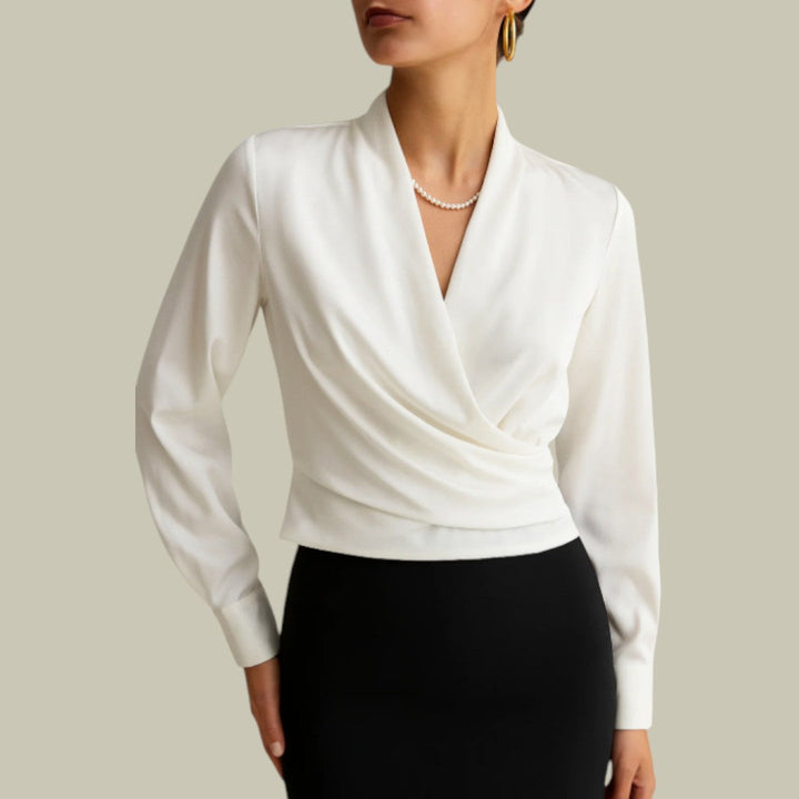 Blusa envolvente de mujer, cuello camisero. Diseño drapeado con manga larga, elegante para oficina, fiesta o casual.