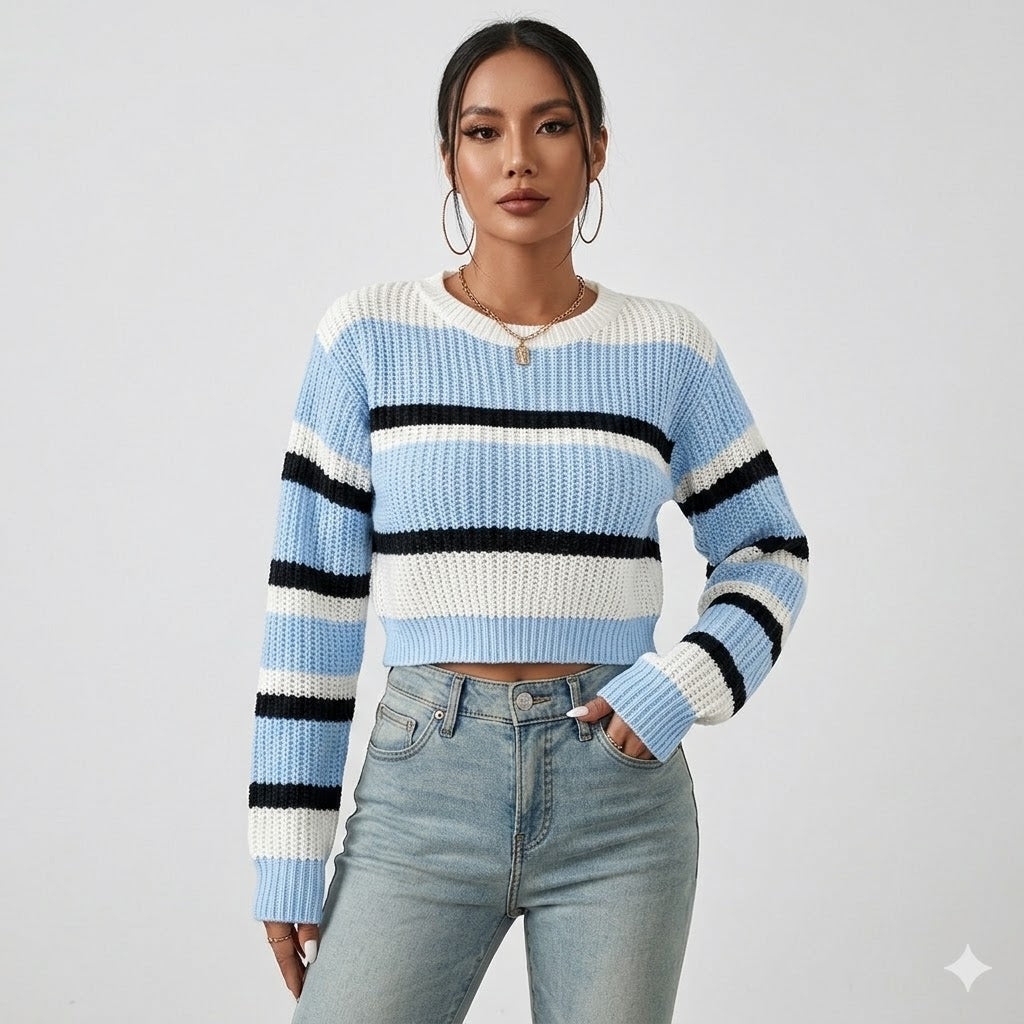 Jersey cropped casual para mujer con rayas de manga larga, moda de otoño.