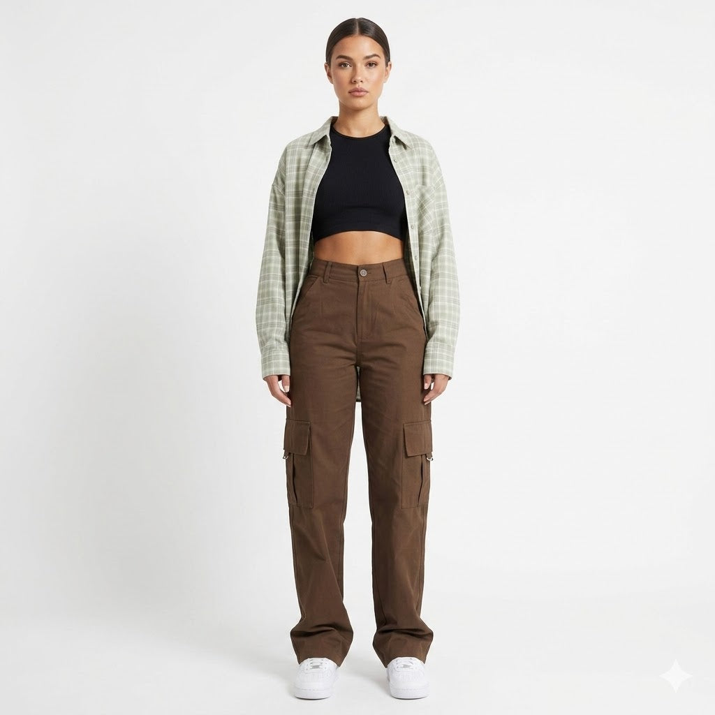 Pantalón cargo de mujer pierna recta, ideal para un look casual y cómodo de otoño/invierno.