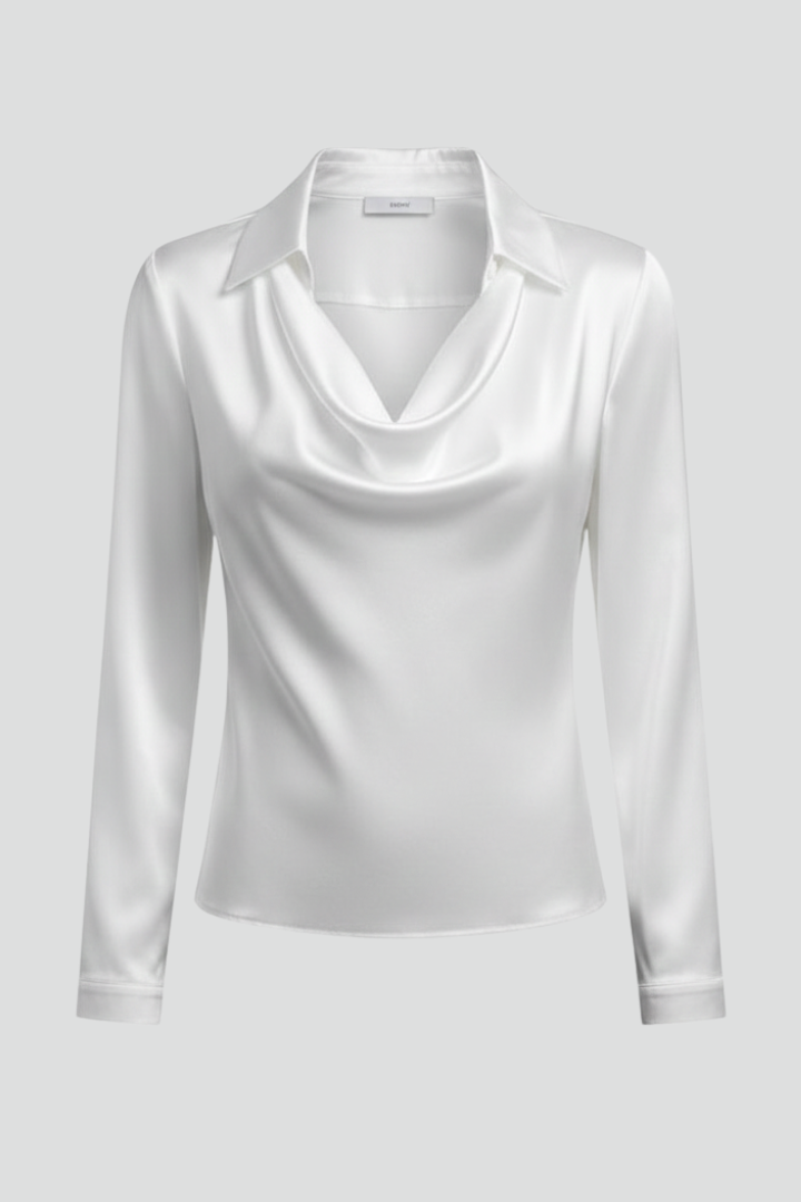 Blusa chic para mujer, cuello drapeado y manga larga. Ideal para moda de noche elegante.
