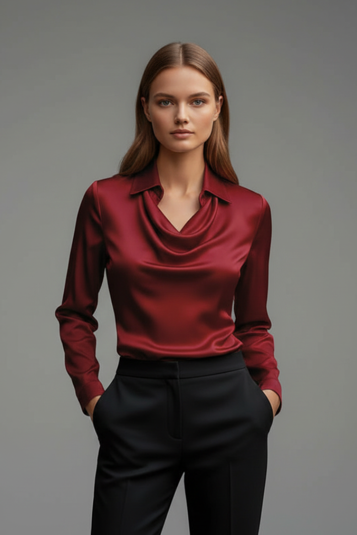 Blusa de vestir chic, cuello drapeado y manga larga, ideal para moda femenina elegante.