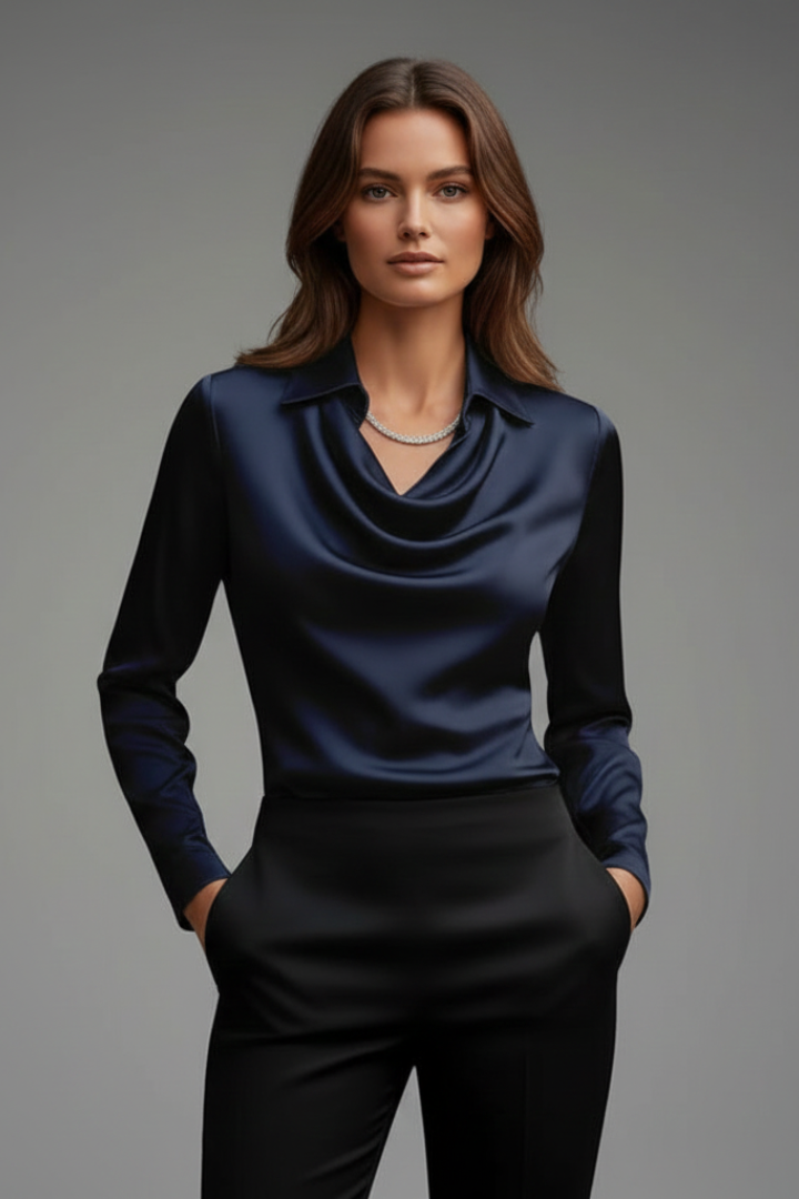 Moda femenina: blusa con cuello cowl y manga larga, perfecta para un look chic y moderno.