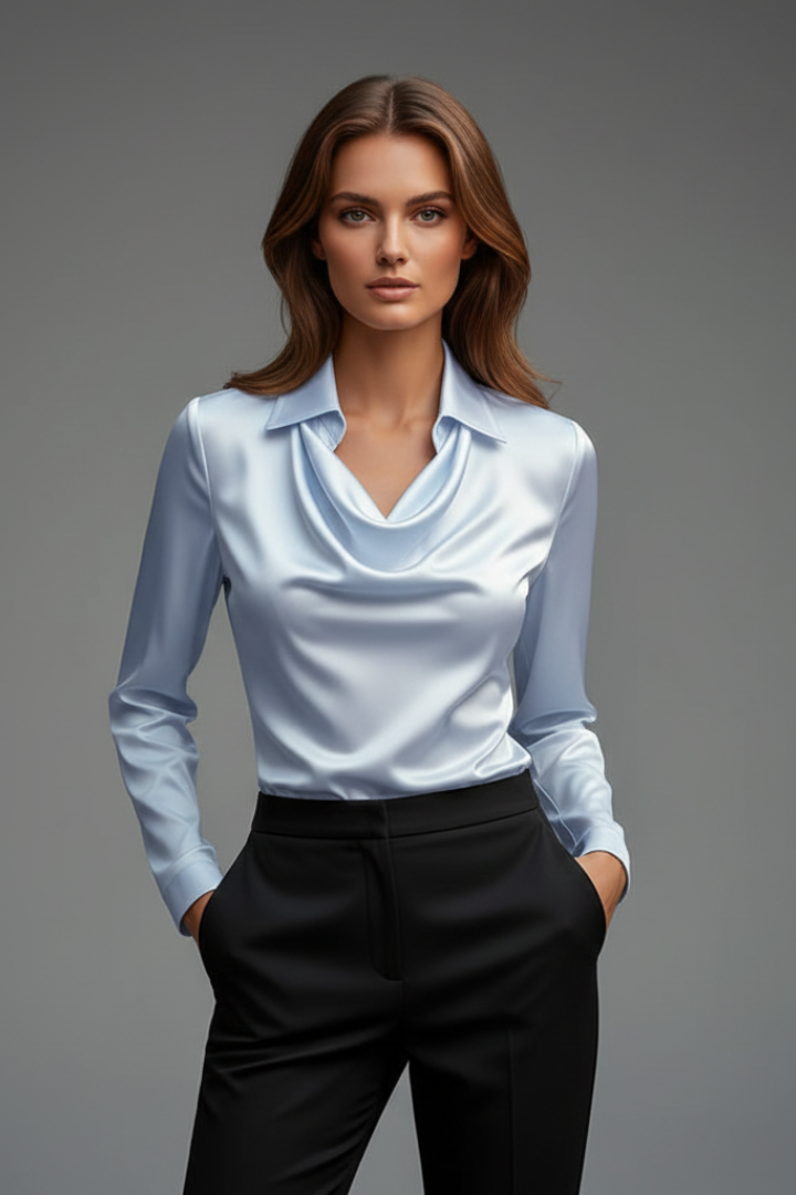 Blusa de mujer para eventos, cuello cowl y manga larga, estilo elegante y sofisticado.