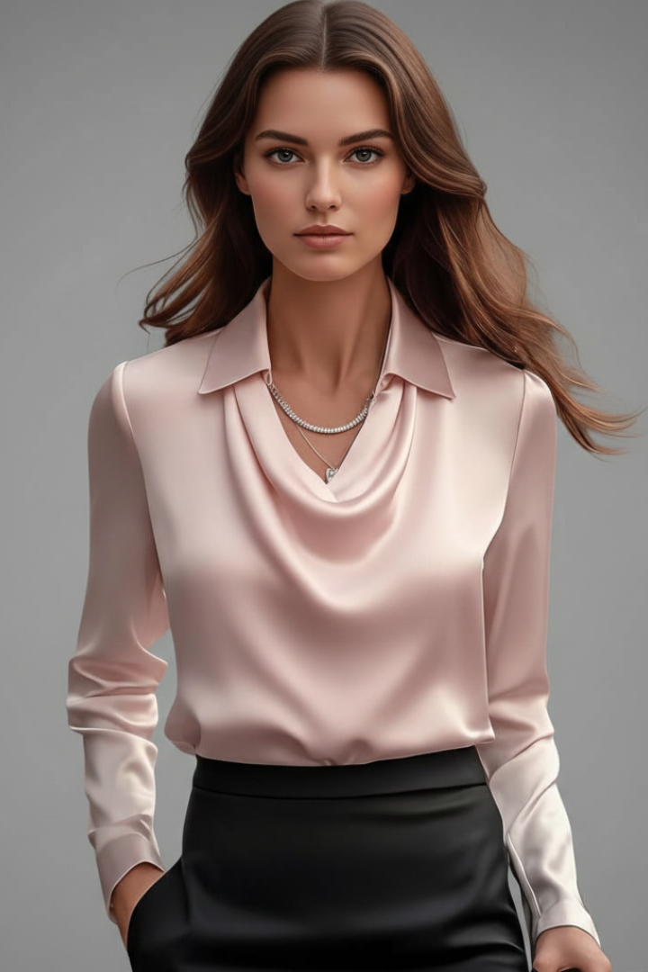 Blusa formal de mujer, cuello cowl, manga larga. Versátil para primavera y eventos de noche.