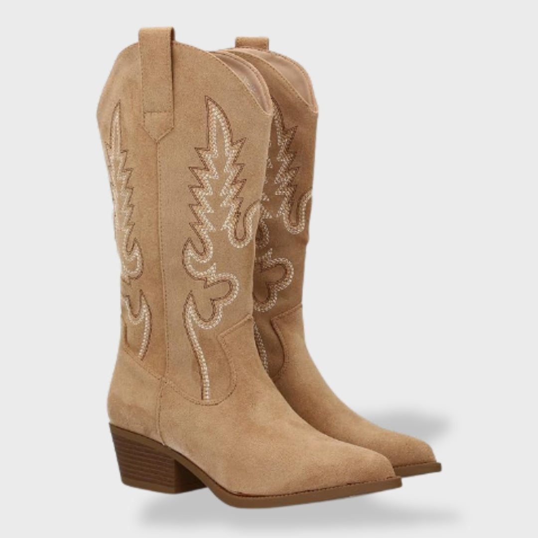 Elegantes botas cowboy de gamuza para mujer, con exquisito bordado y tacón ancho. Perfectas para moda primavera.