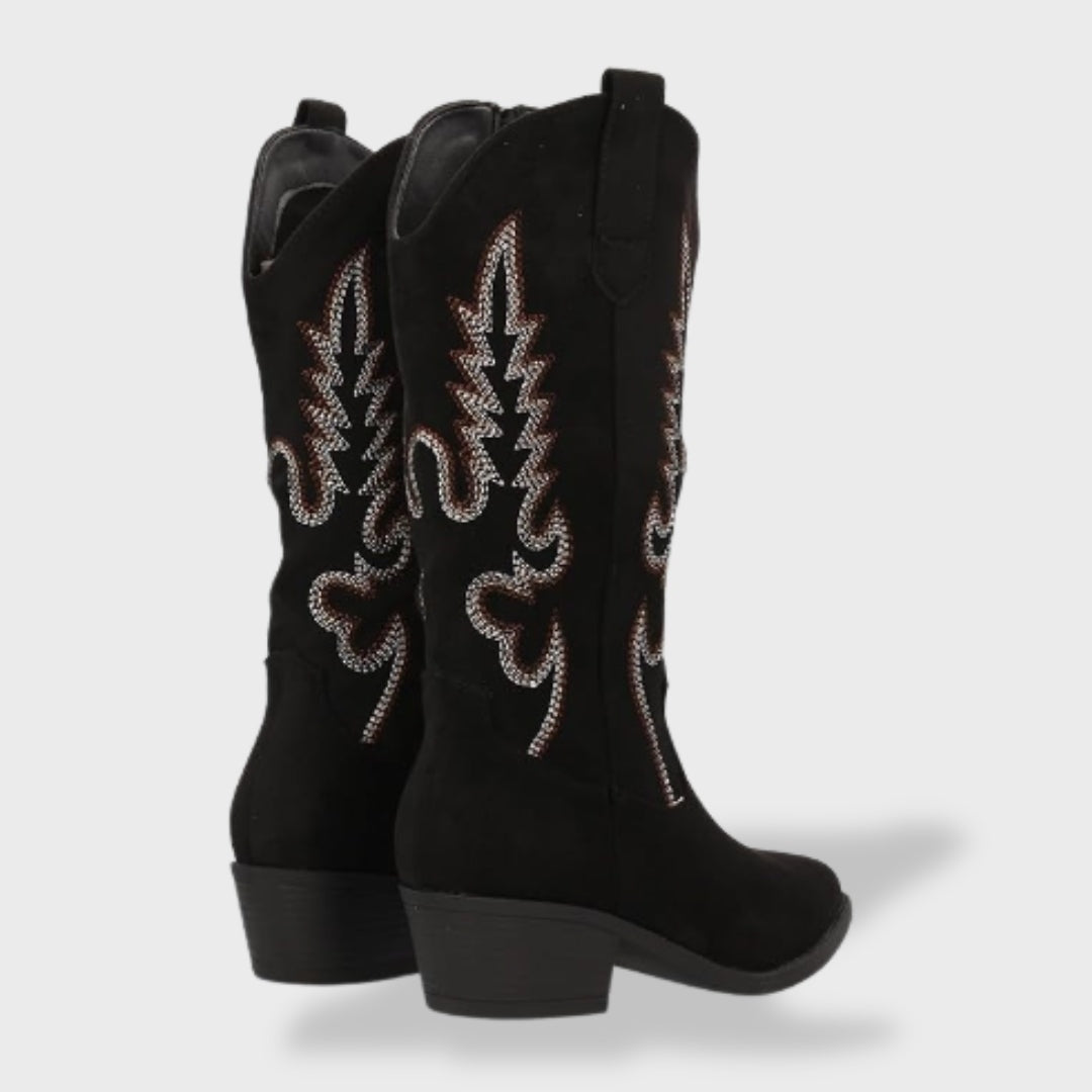 Moda primavera: Botas cowboy de gamuza para mujer con bordado auténtico y tacón ancho. Calzado casual y cómodo.