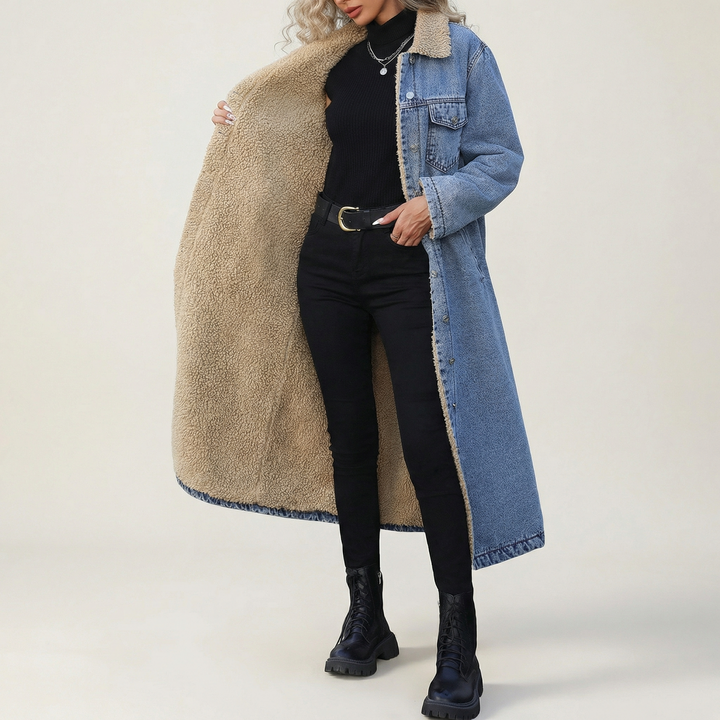 Abrigo de mezclilla con borrego para mujer, estilo casual y cálido para el invierno.