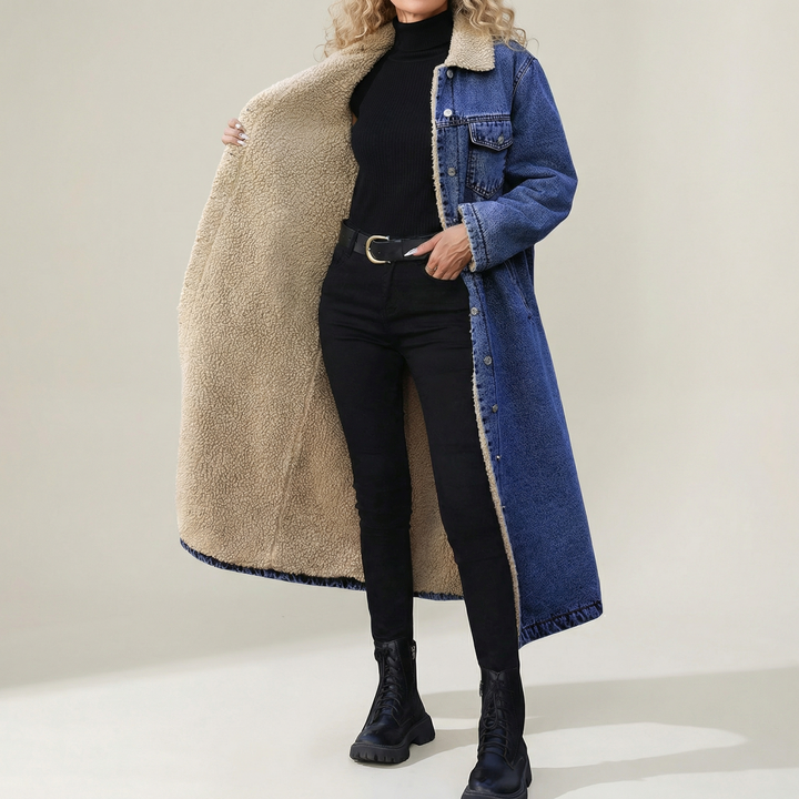 Chaqueta de mezclilla larga de mujer con interior de borrego, perfecta para el frío invernal.