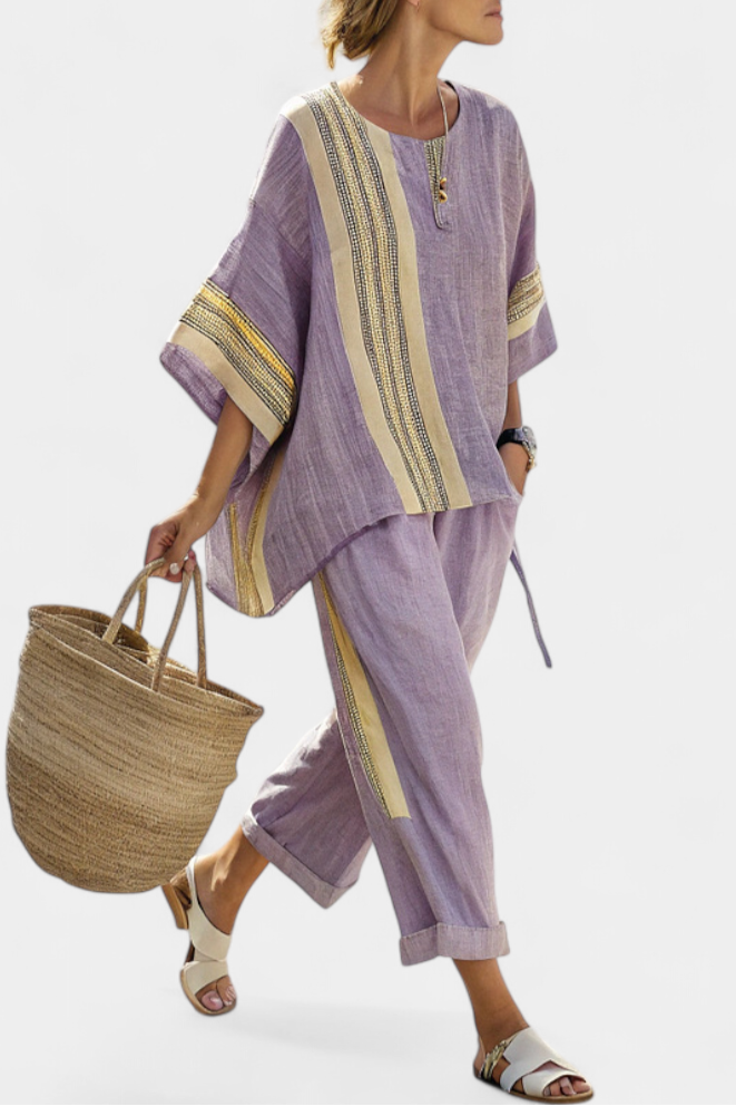 Conjunto de dos piezas para mujer, con rayas, estilo casual y moderno, perfecto para ocio.