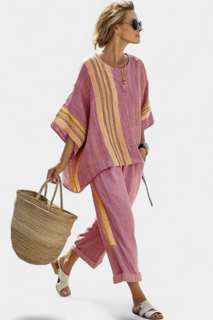 Conjunto de dos piezas de mujer, con estampado de rayas, casual y moderno para el verano.