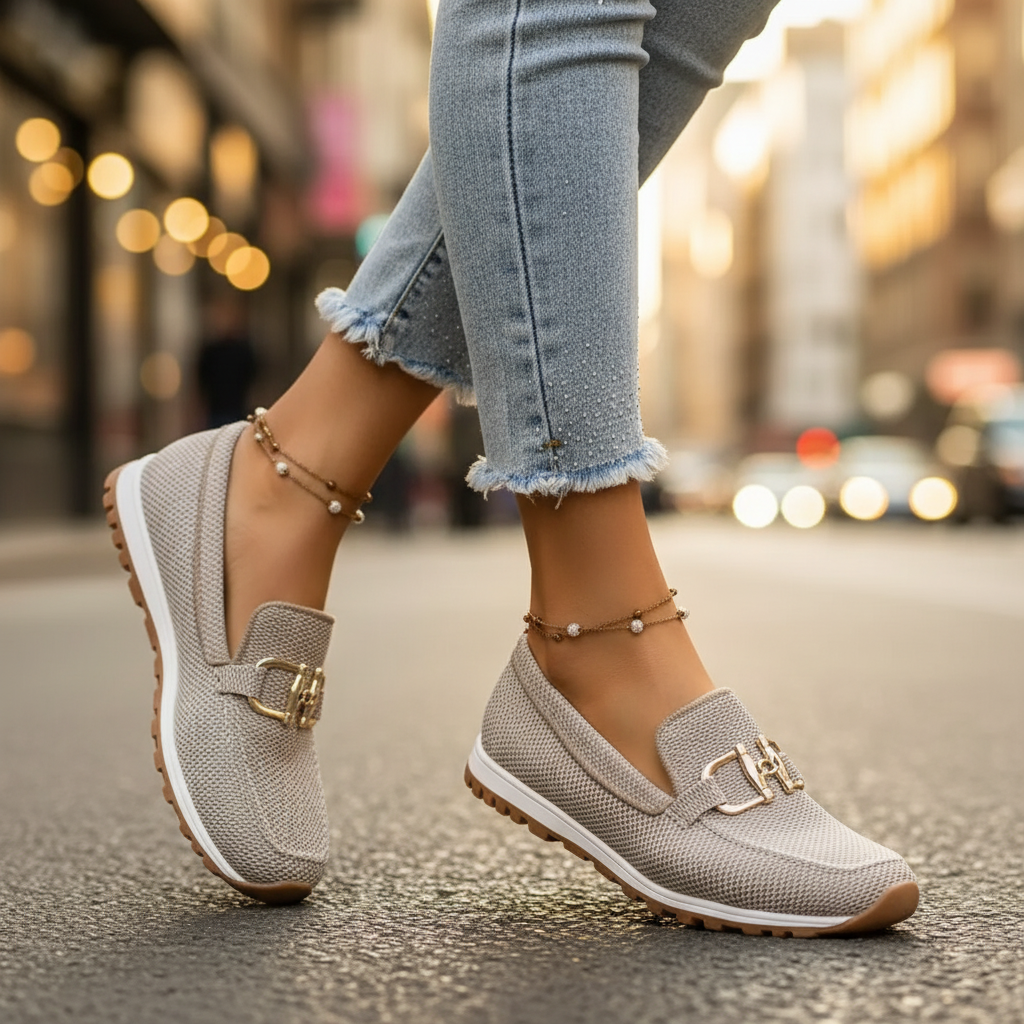 Calzado de verano: mocasín mesh transpirable para mujer, estilo casual y ligero con suela blanca contrastante.