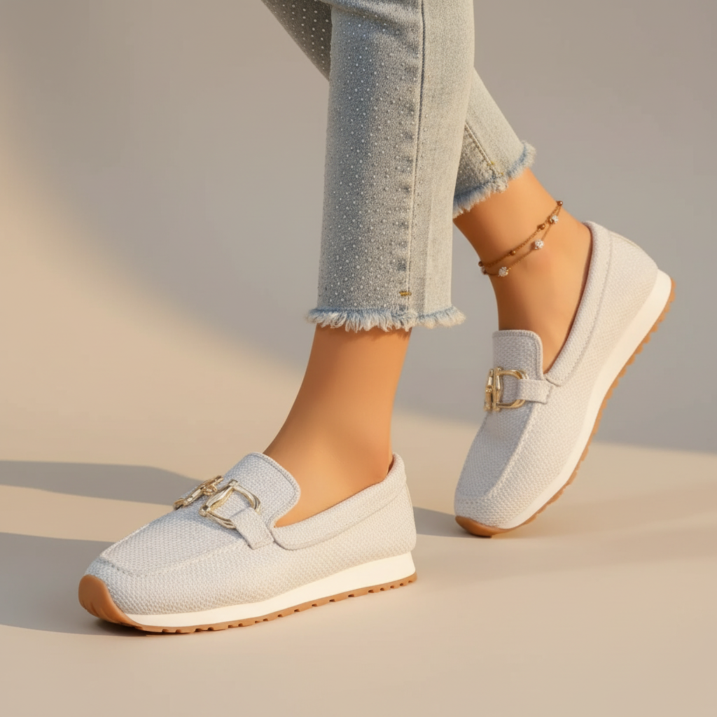 Mocasín de mujer en tejido mesh con suela blanca, diseño moderno y perfil bajo para vestir con estilo casual.