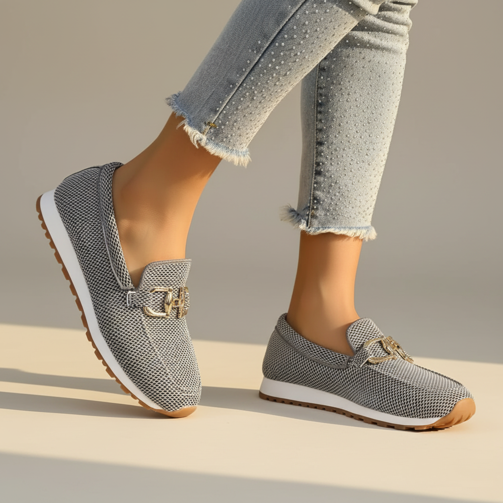 Mocasín mesh para mujer con hebilla dorada, perfil bajo y suela blanca. Estilo casual y fresco para verano.