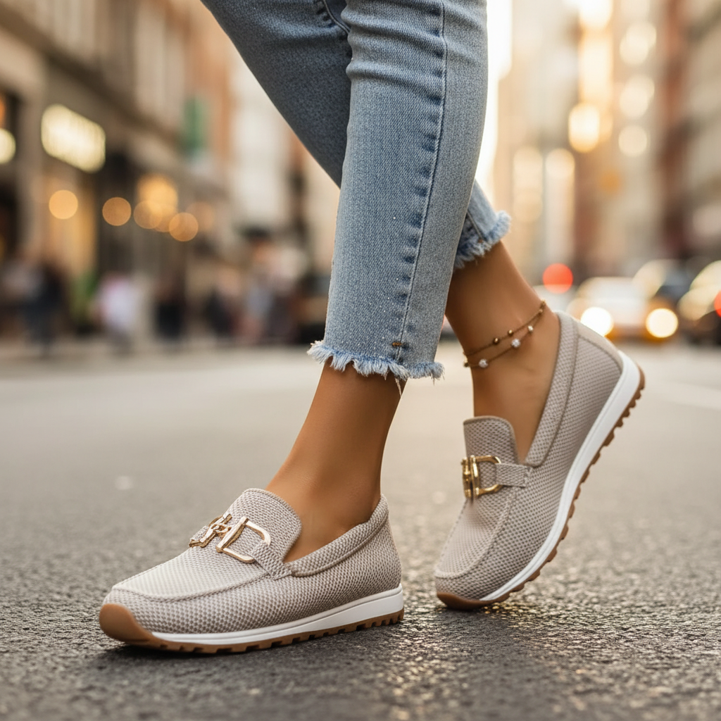 Mocasín de mujer en mesh, perfil bajo y suela blanca. Un calzado moderno y cómodo para un estilo casual-chic.
