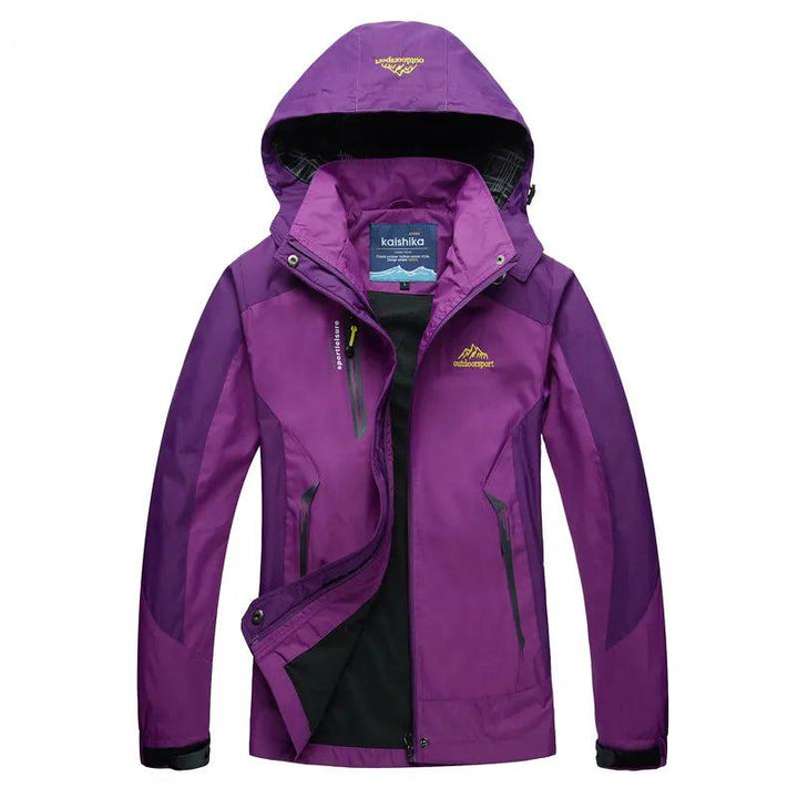 Espalda de chaqueta térmica cortavientos mujer, diseño funcional. Abrigo impermeable para invierno, protección lluvia y frío.