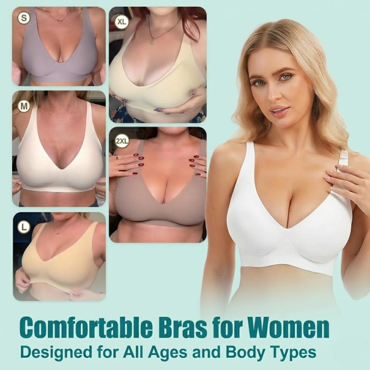 Detalle de tirantes anchos y banda del sujetador sin costuras Vela Lift. Soporte invisible y cómodo para mujer.
