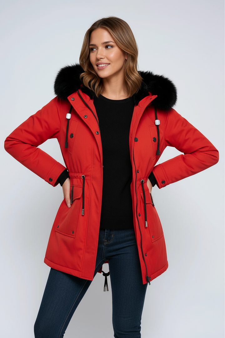 Detalle lateral de parka de invierno para mujer con capucha de pelo sintético y ajuste moderno urbano.