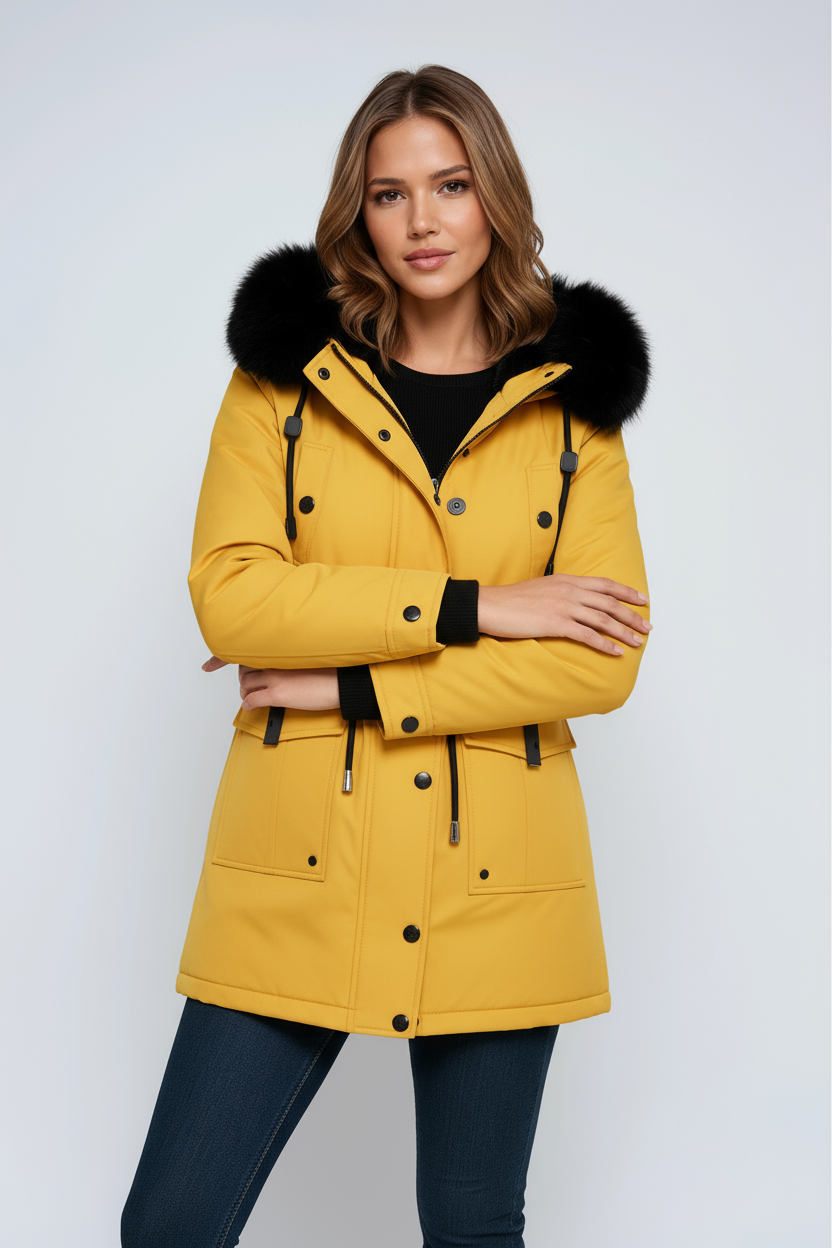 Espalda de parka de invierno de mujer, abrigo cálido con capucha de pelo sintético para protegerte del frío.