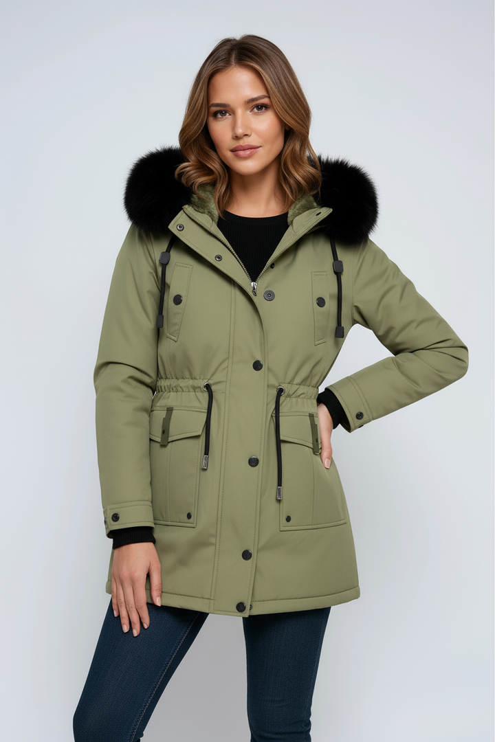 Mujer usando parka de invierno urbana y elegante con capucha de pelo sintético, perfecta para el frío.