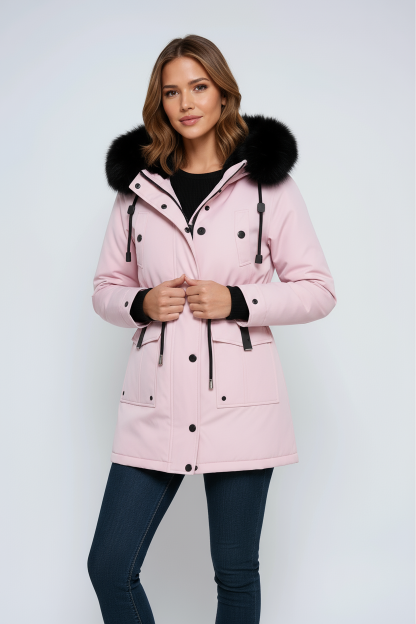 Abrigo parka para mujer, diseño cálido y cómodo con capucha de pelo sintético, ideal para invierno.