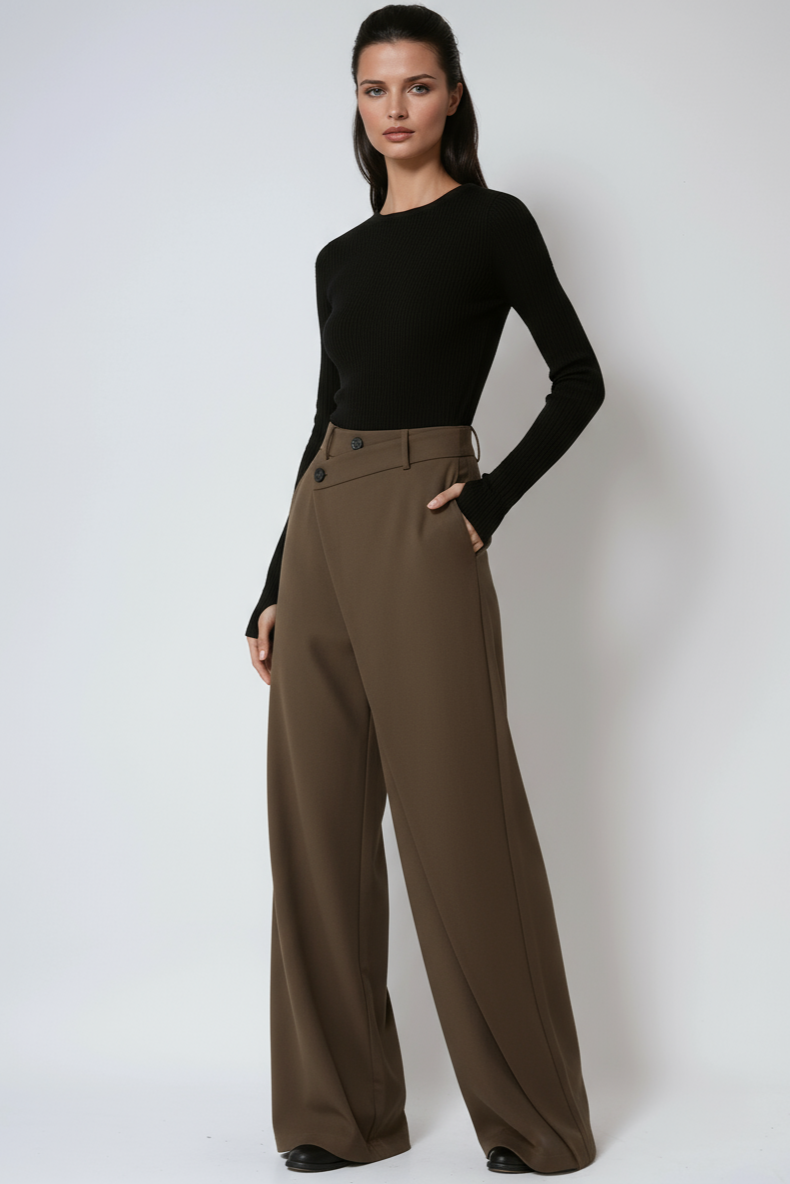 Pantalón fluido ligero y transpirable de mujer, pierna ancha, diseño cruzado.