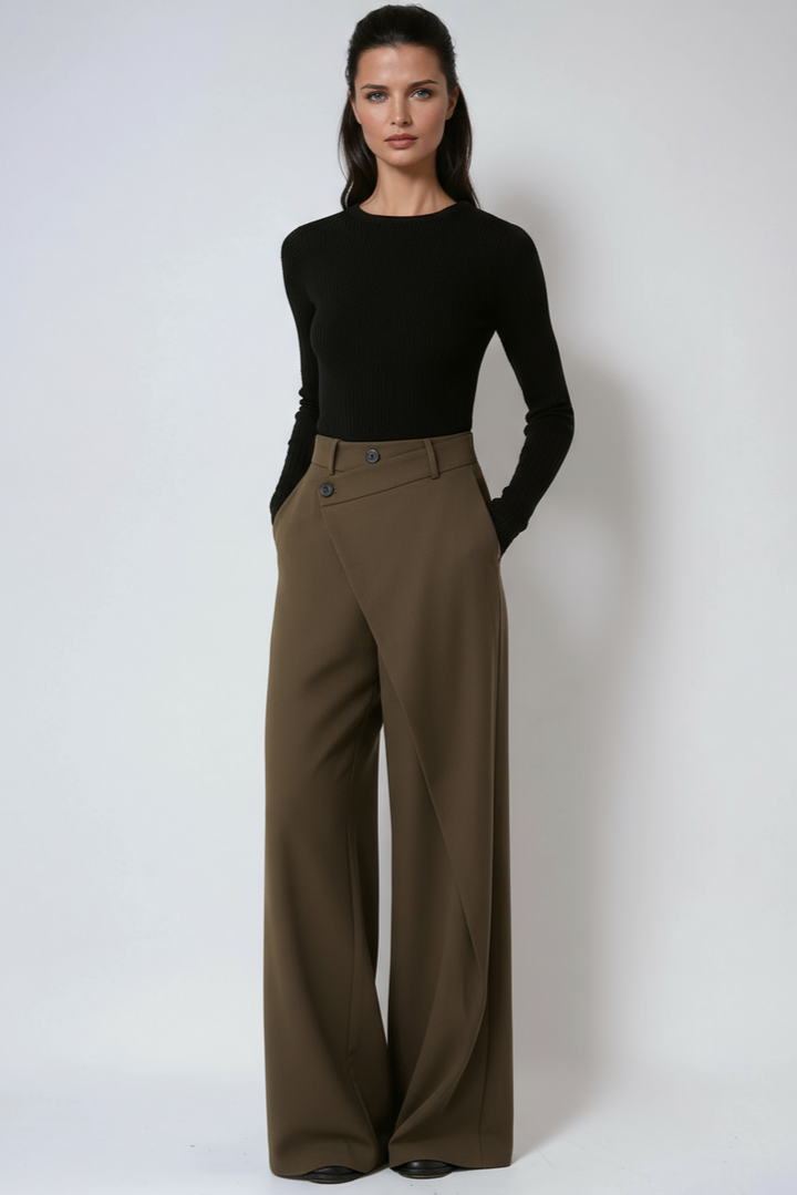 Pantalón fluido de mujer, pierna ancha, diseño cruzado, perfecto para looks de día o noche.