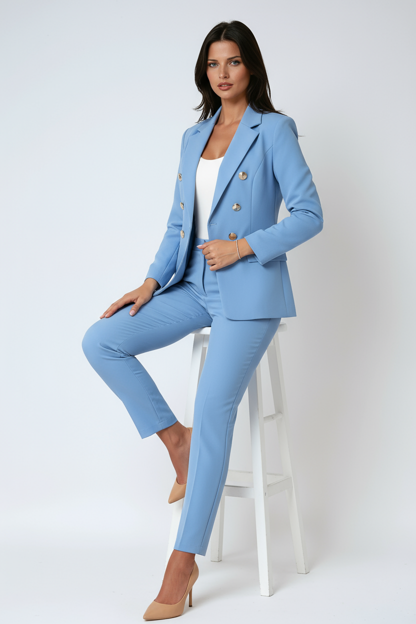 Traje de blazer y pantalón elegante para mujer. Disponible en azul, negro, rojo. Ideal para oficina y eventos formales.
