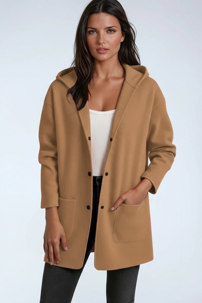 Chaqueta larga femenina con capucha, protección y estilo casual. Ropa cómoda para entretiempo, moda actual.