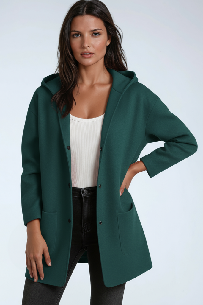 Chaqueta mujer larga con capucha, botones a presión. Estilo casual para entretiempo, moda femenina versátil.