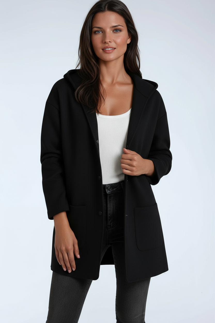Chaqueta larga con capucha para mujer, perfecta para entretiempo. Moda femenina casual, ideal otoño/primavera.