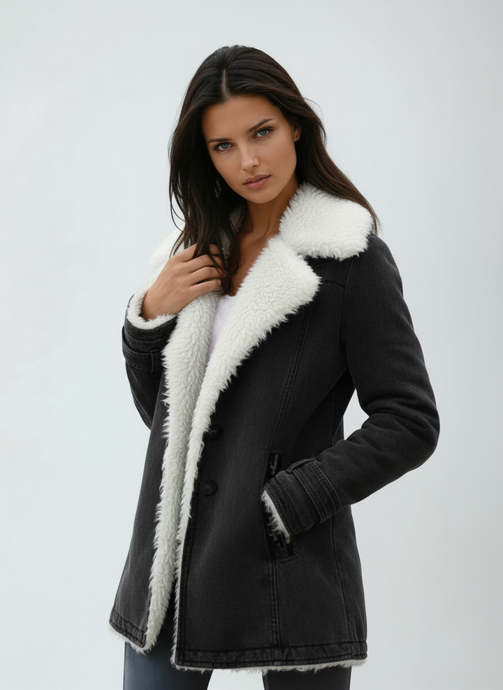 Abrigo de mujer para invierno, clásico y cómodo. Cuello suave y botones, ideal para la moda femenina invernal.