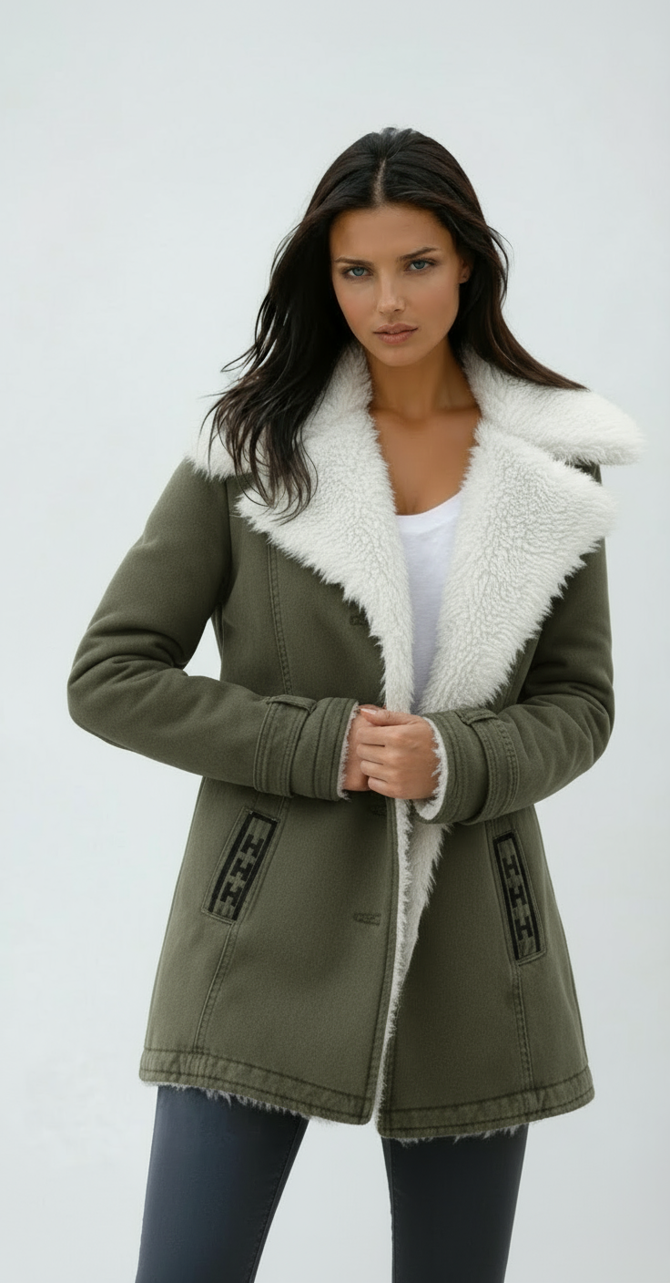 Abrigo de mujer para invierno con cuello suave. Elegante y clásico, cierre de botones. Moda femenina para el frío.