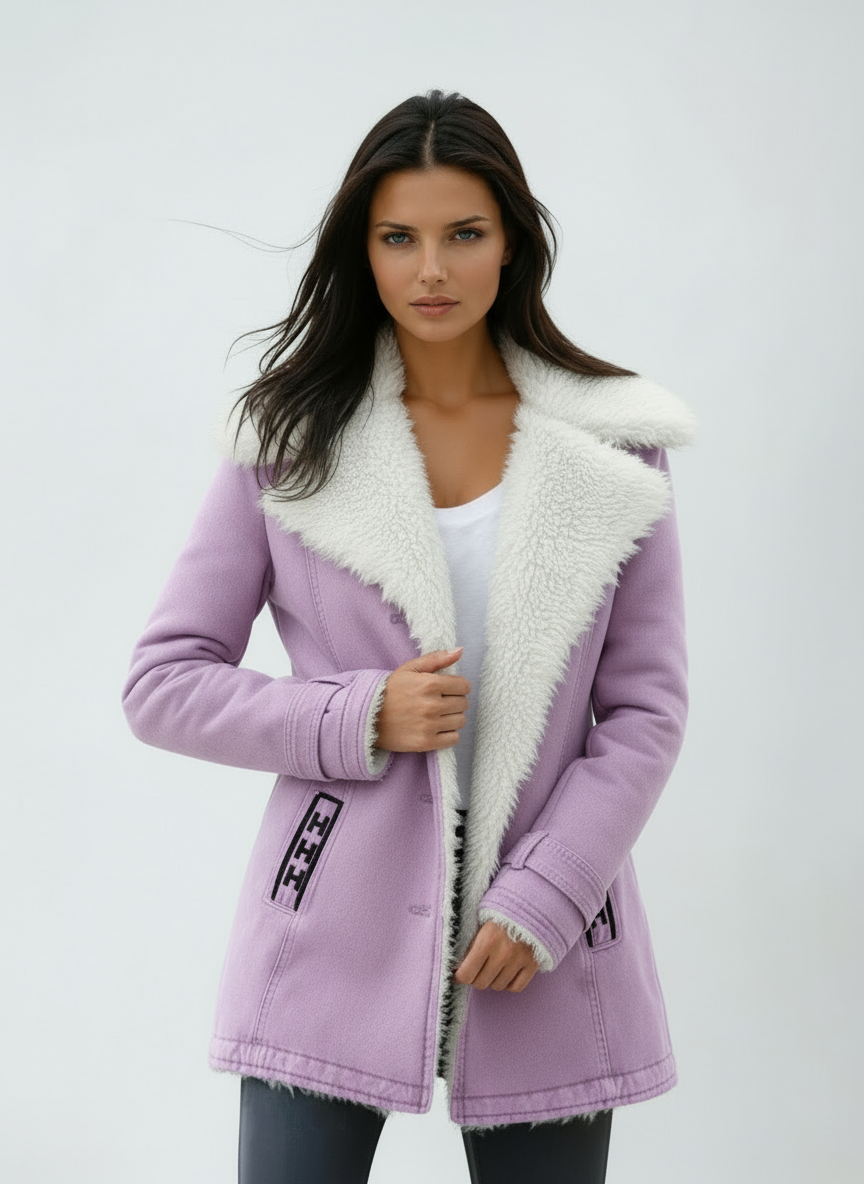 Moda femenina: abrigo de invierno con cuello suave. Chaqueta clásica con botones, ideal para mantenerte cálida.