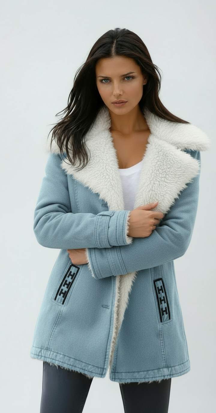 Elegante chaqueta de invierno para mujer. Abrigo cálido con cuello suave y cierre de botones, estilo outwear clásico.