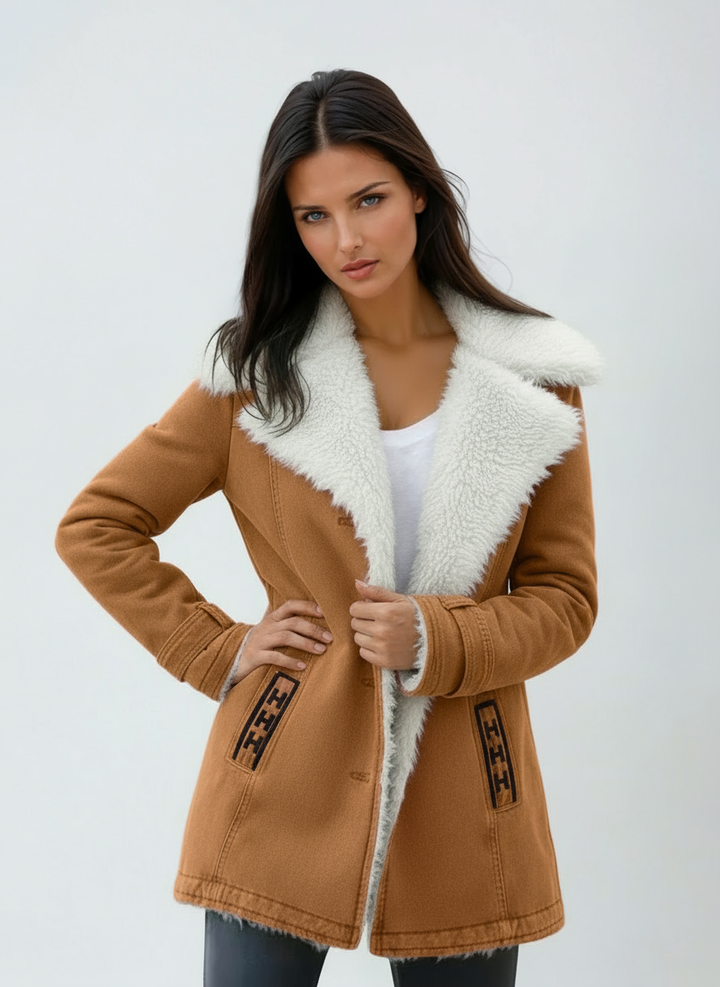Chaqueta de invierno femenina, estilo clásico. Abrigo cálido con cuello suave y botones, ideal para moda outwear.