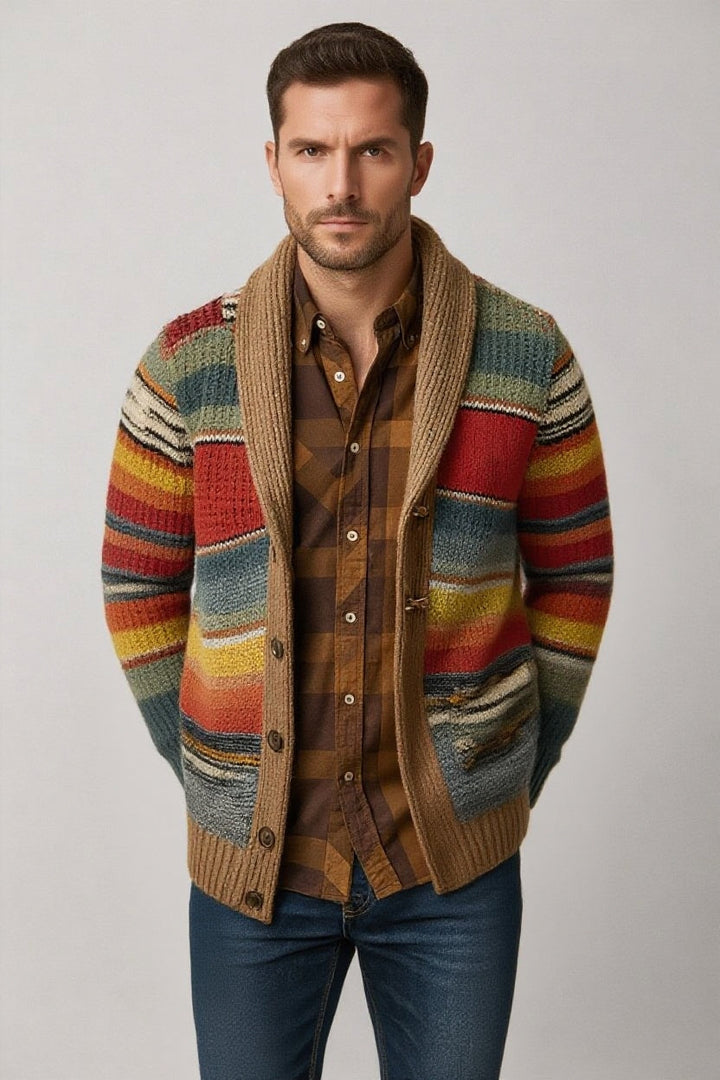 Chaqueta de punto para hombre, rayas, cómoda y moderna. Ideal para moda masculina casual.