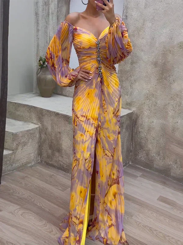 Vestido largo elegante para mujer con escote V, mangas abullonadas, ideal para fiesta, gala o noche.