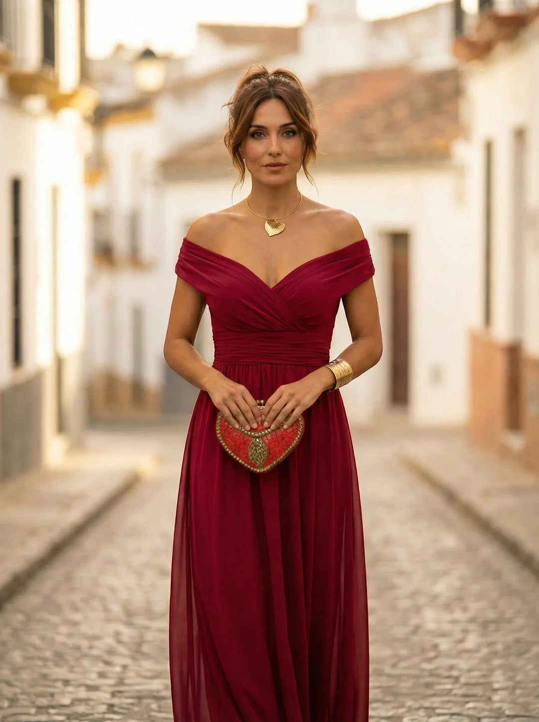 Elegante vestido largo de fiesta para mujer, hombros descubiertos, ideal para eventos de otoño.