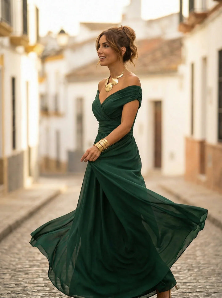 Vestido largo elegante de fiesta para mujer, con hombros descubiertos, ideal para bodas de otoño.