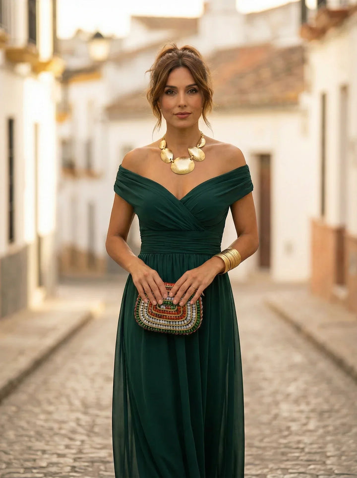 Vestido largo elegante para dama de honor, fiesta de otoño, diseño con hombros descubiertos.