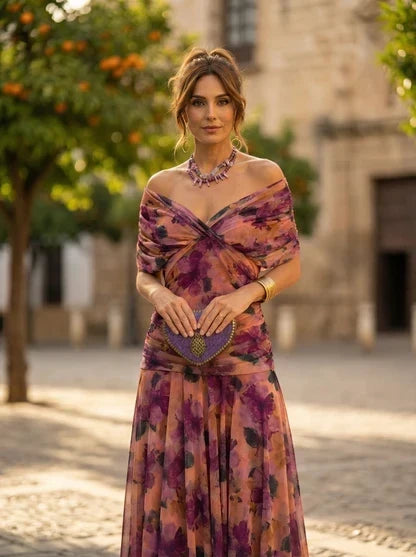 Vestido elegante de fiesta, hombros descubiertos, largo, para invitada de boda en otoño.