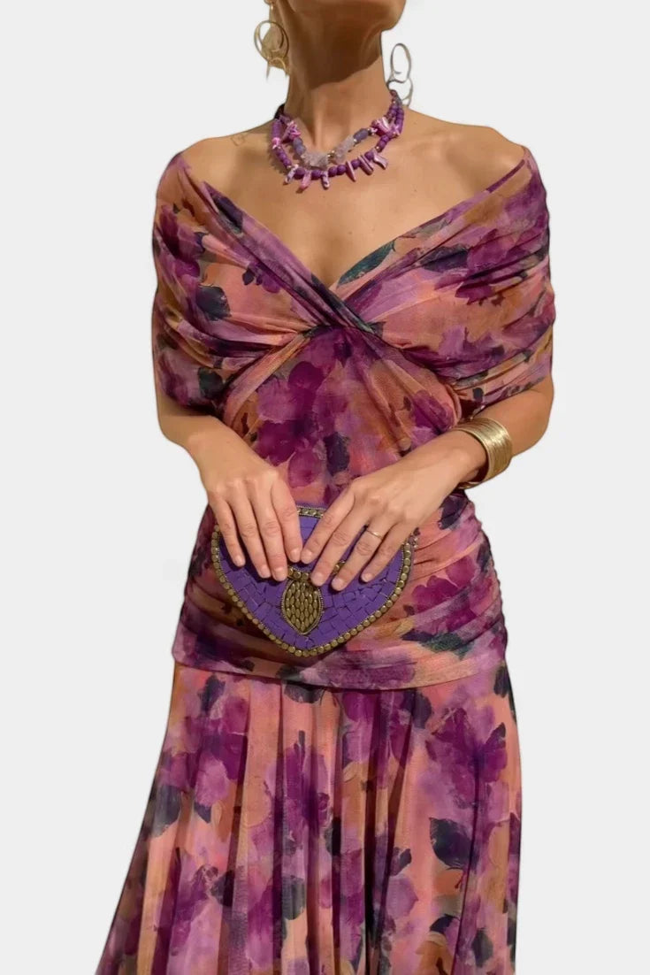 Vestido elegante largo y cómodo para fiesta de boda, hombros descubiertos para mujer.