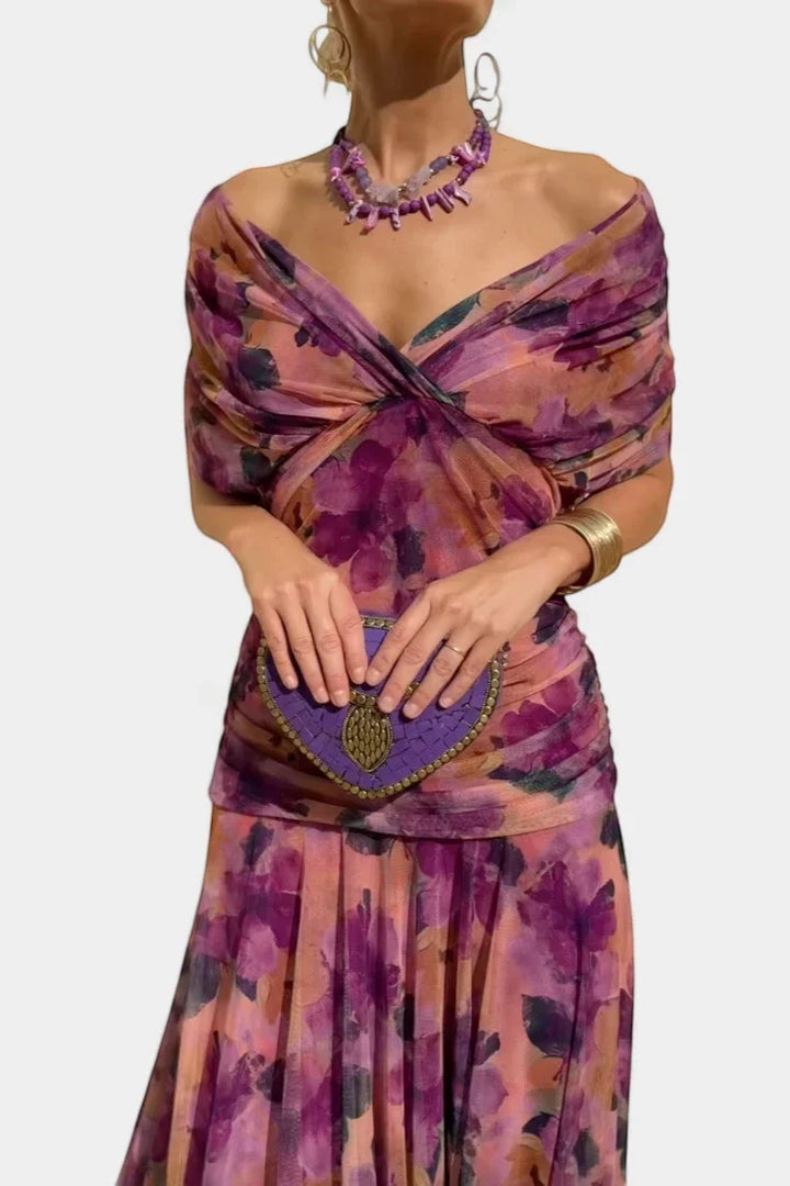 Vestido elegante largo y cómodo para fiesta de boda, hombros descubiertos para mujer.