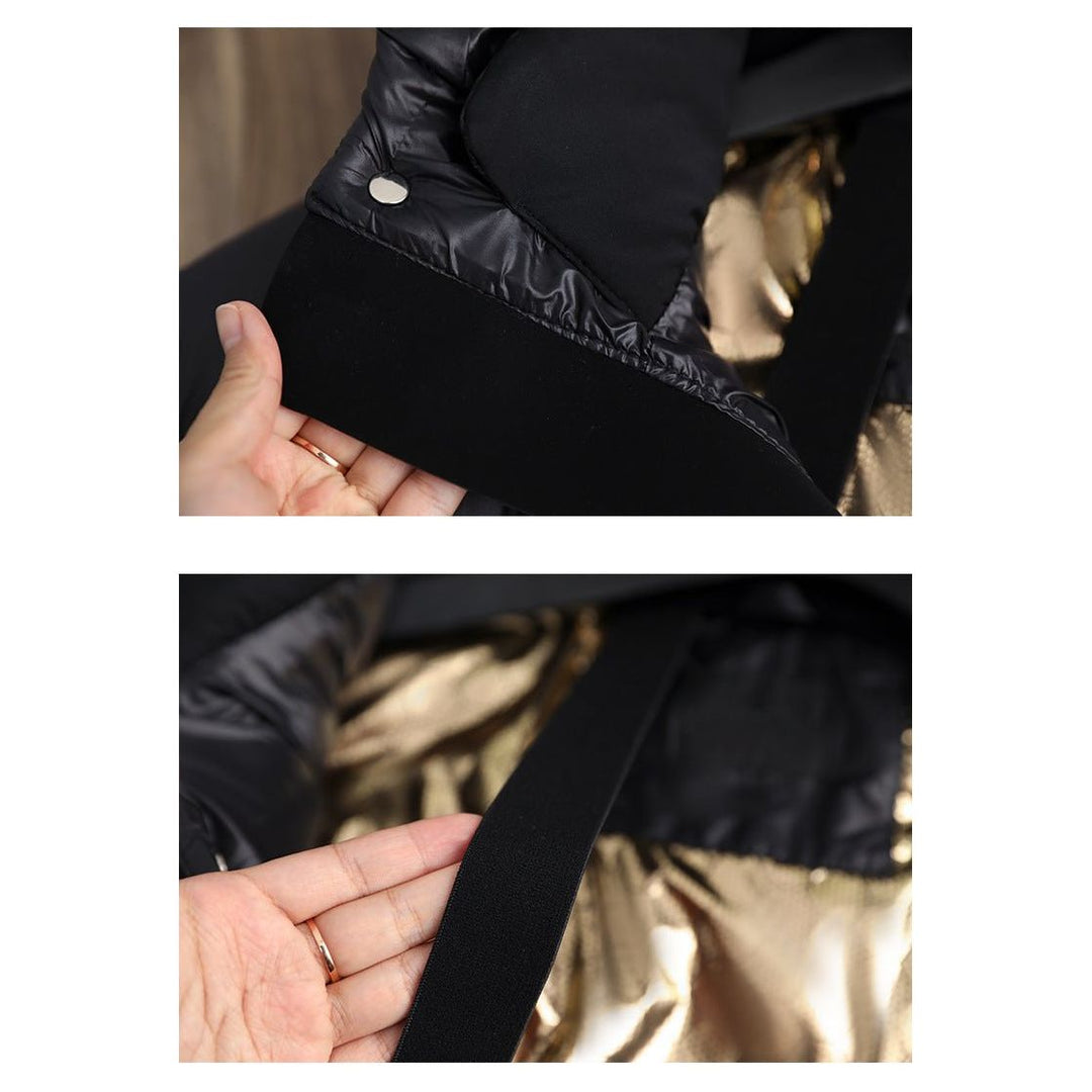 Primer plano de la textura acolchada de la chaqueta de invierno para mujer. Impermeable, elegante y cómoda.