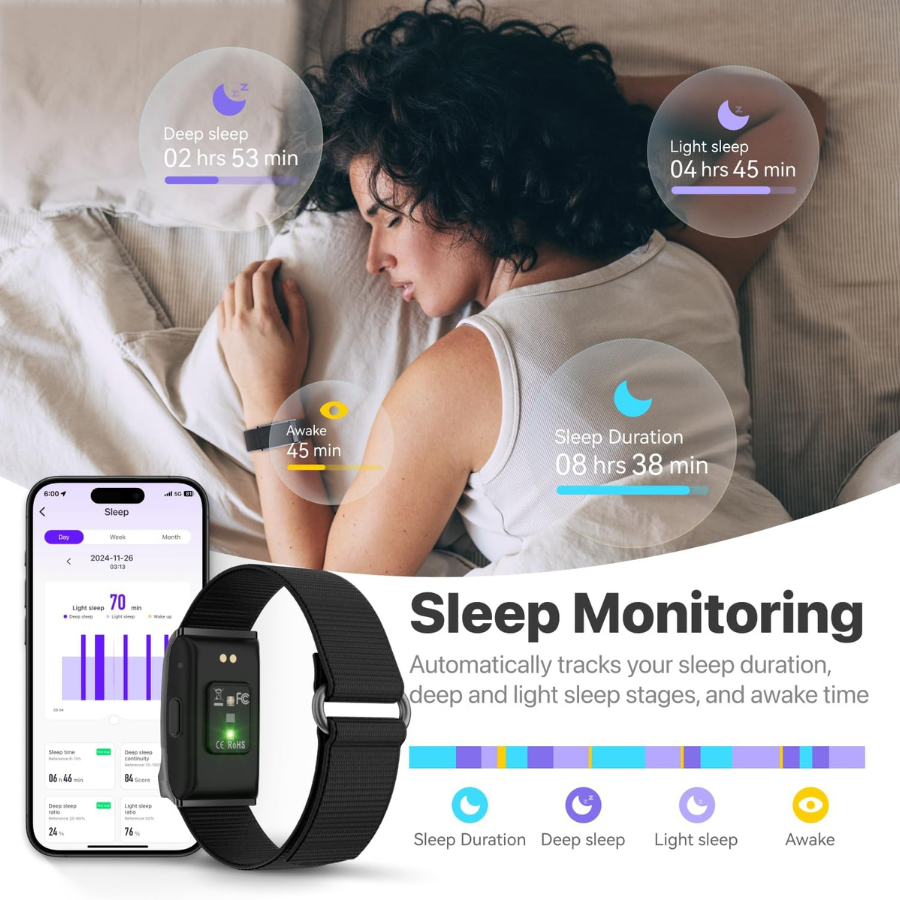 Pulsera silenciosa de bienestar, monitorea discretamente sueño, estrés y actividad para tu salud diaria.