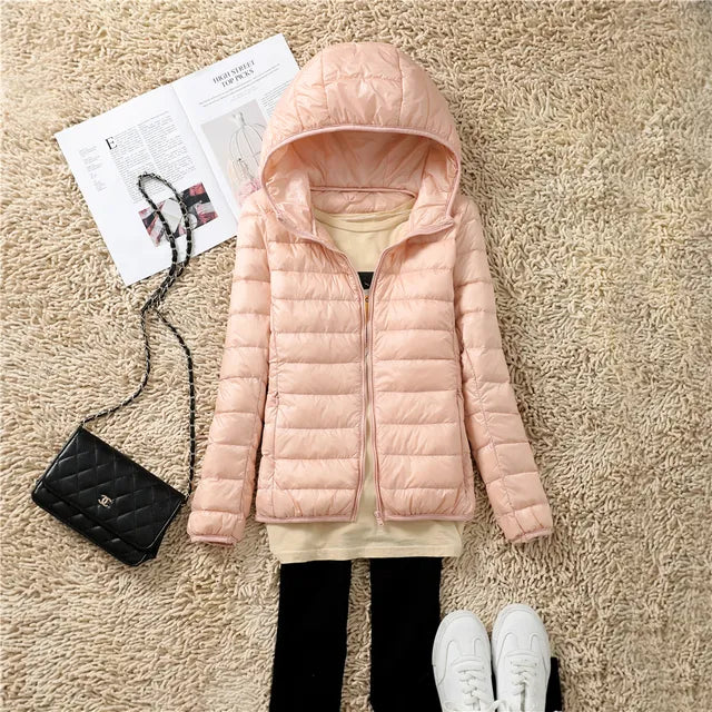 Moda de invierno: chaqueta cómoda y cálida para mujer, ligera y plegable.