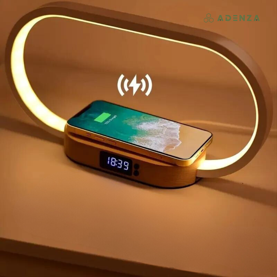 Lámpara inteligente Luxe con carga inalámbrica y reloj digital para mesa. Luz LED moderna para hogar u oficina.