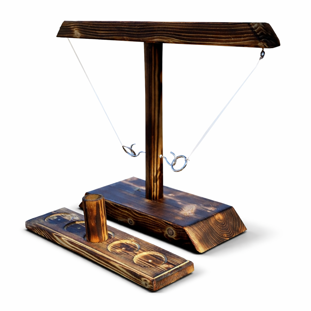 Juego completo de gancho y aro de madera para mesa, diseño elegante para diversión familiar y habilidad.
