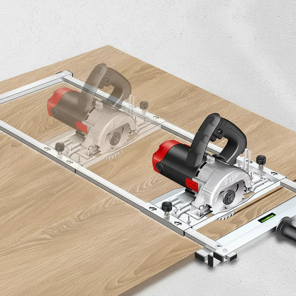 Guía de corte ajustable para sierra circular, ideal para cortes rectos precisos en madera. Herramienta esencial de carpintería.